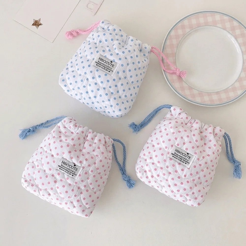 Portable Polka Dot Pattern Cosmetic Bag Soft Cotton Quilted Toiletry Storage Bag Multipurpose Makeup Pouch Women