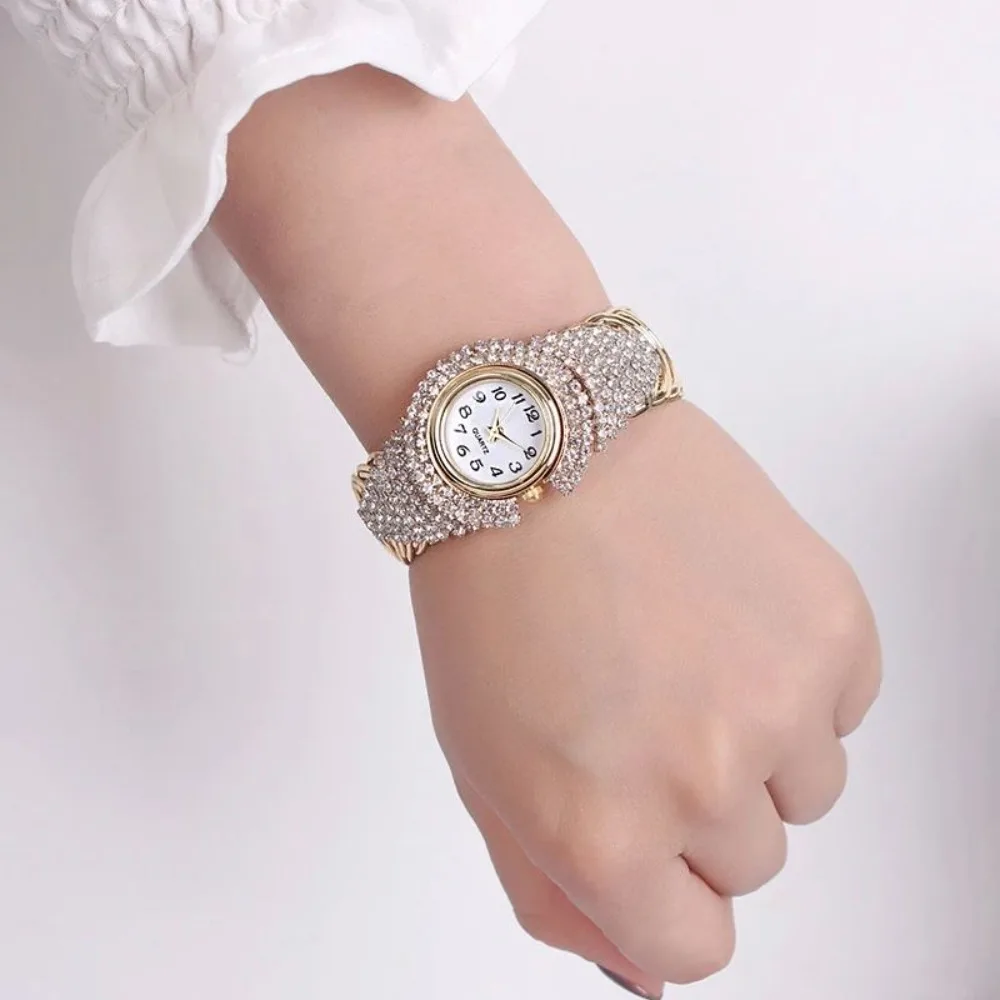 

Fashion Vintage Crystal Watches Elegant Clock Quartz Zircon Wrist Watch Hand Jewelry Open Bangle Watches Gifts