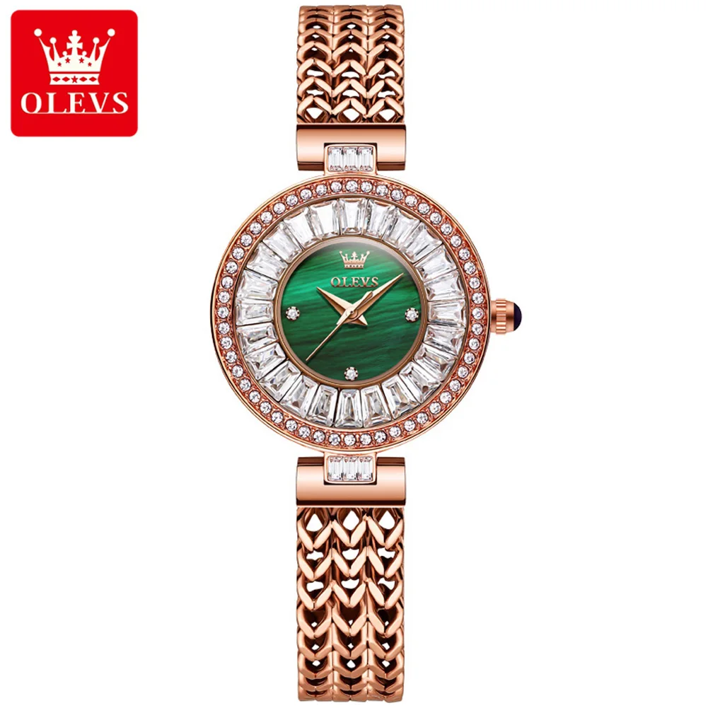 

OLEVS 2024 Luxury Women's Fashion Forest Green Watches Rose Gold Ladies Quartz Wristwatches Qualities Female Rhinestones Clock