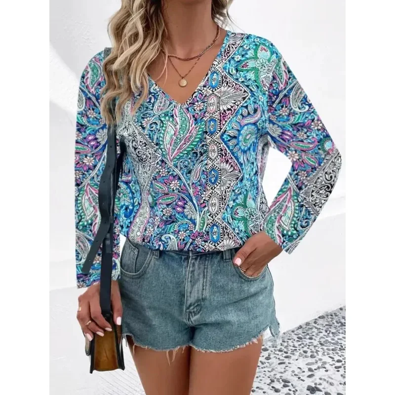 2025 أوروبا وأمريكا النساء بلايز الربيع الساخن بيع تي شيرت بوهو بلوزة بيزلي مطبوعة الخامس الرقبة طويلة الأكمام الملابس النسائية