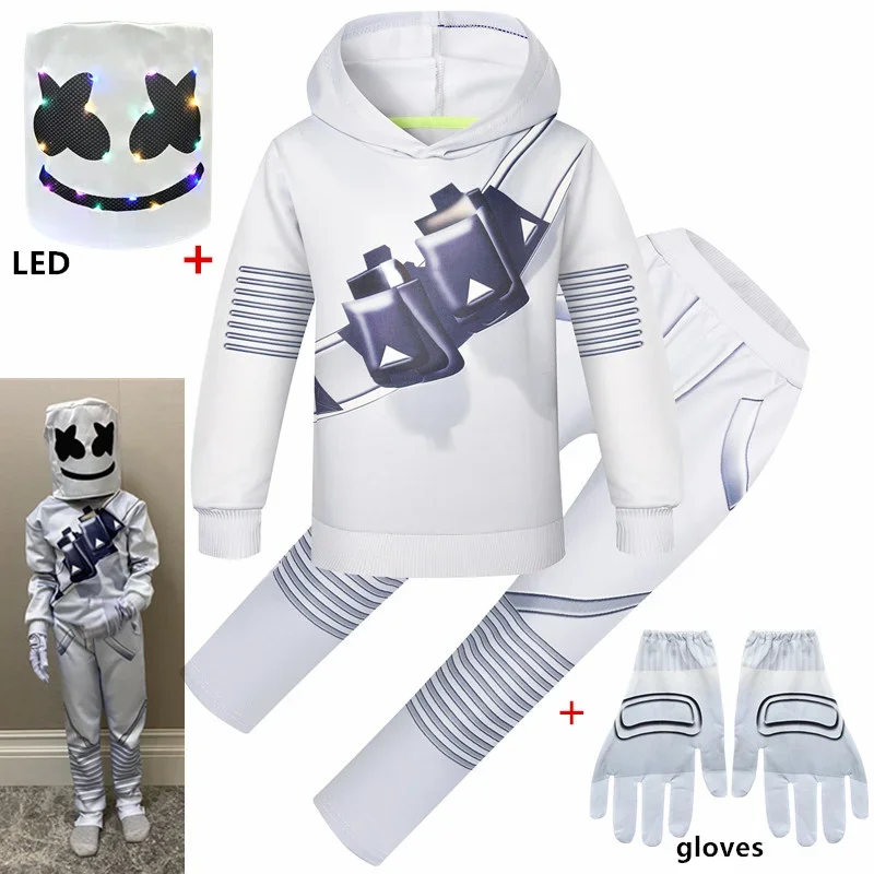 Gioco per bambini Costume Cosplay ragazzi Marshmello DJ costumi interessanti maschera felpe con cappuccio tuta musica Costume da festa di Halloween per bambini ragazzi