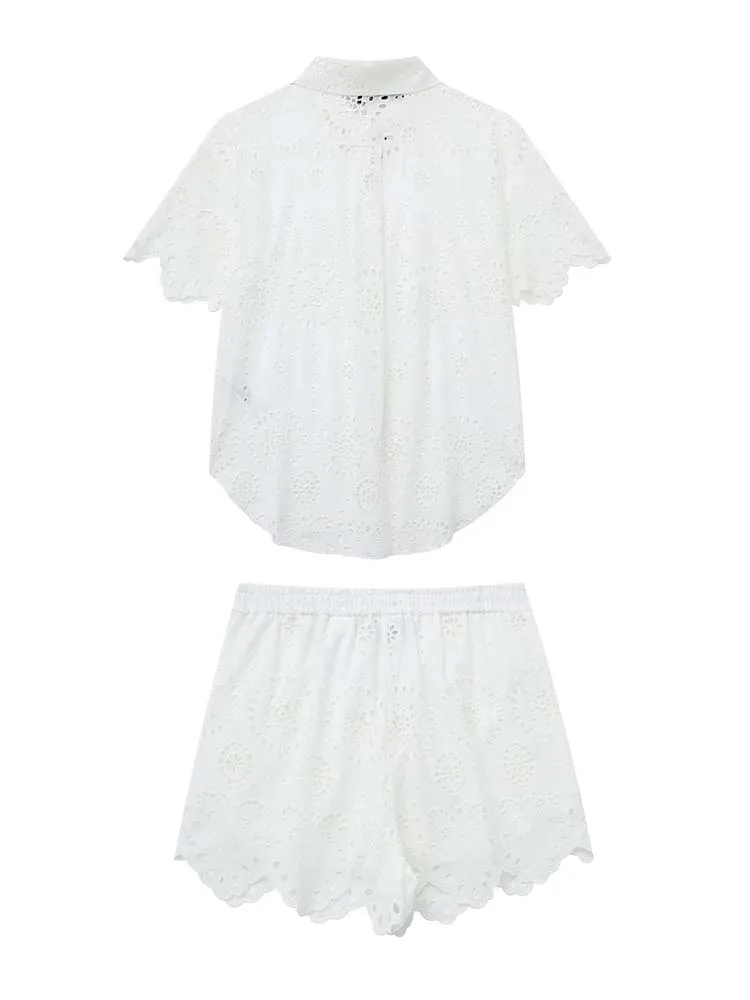 High quality Women White Cutwork embroidery shirt Short sleeve Lace blouse Elastic waist shorts 2023 New 2 Piece set INKEO 3T108