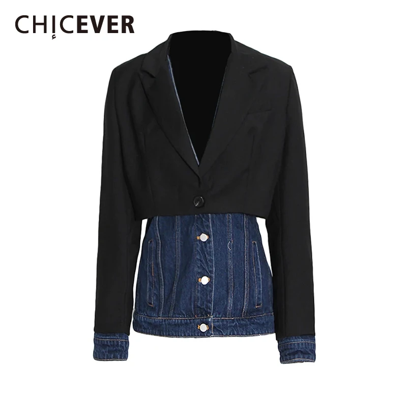 CHICEVER Colorblock Vintage Denim Blazers For Women Notched Collar Long Sleeve Single Breasted Designer Slimming Coats Female