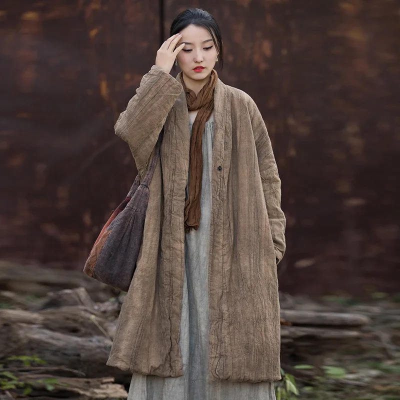 

Hand-Tied Quilted Long Coat - Stonewashed Ramie Blend Zen Boheminan Outerwear