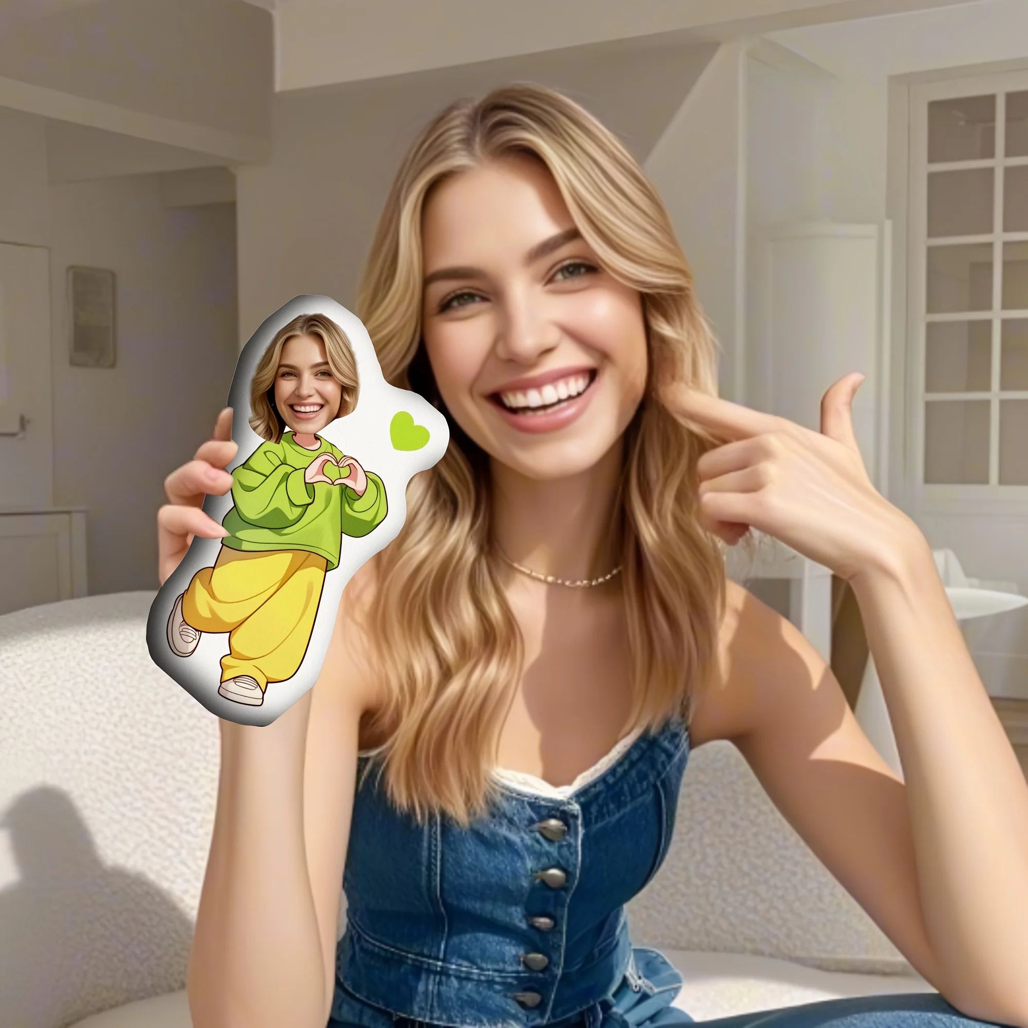 Creative Photo Customization: Green Casual Human-Shaped Printed Plush Pillow Valentine's Day, Anniversary Gift