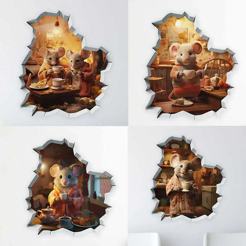 

Mouse With a Cup of Tea Wall Sticker Living Room Wall Edge Home Decoration For Kids Bedroom Wallpaper Funny Rats Decals M1330