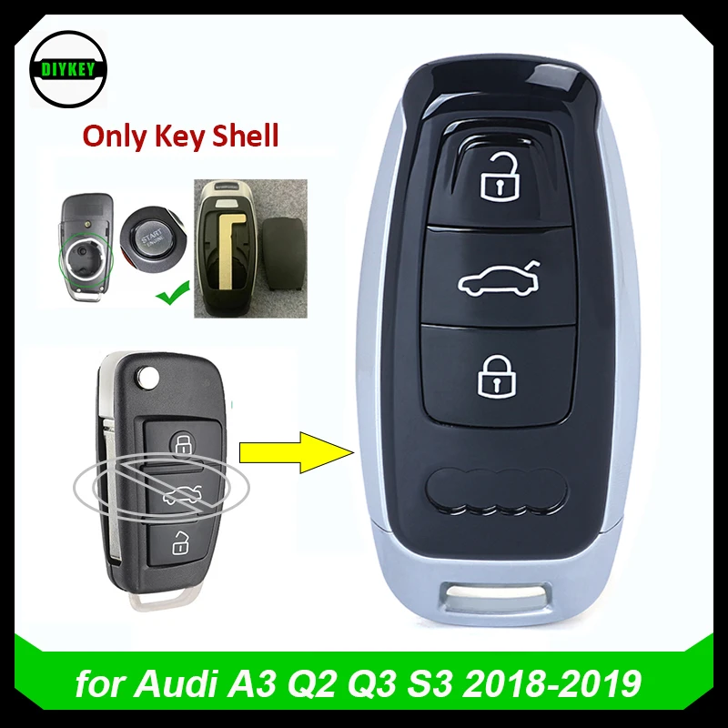 Diykey-Audi用の3つのボタンが付いた接続キーシェル,更新されたスマートリモコン,a3,q2,q3,s3,2018,2019用のスペアケース