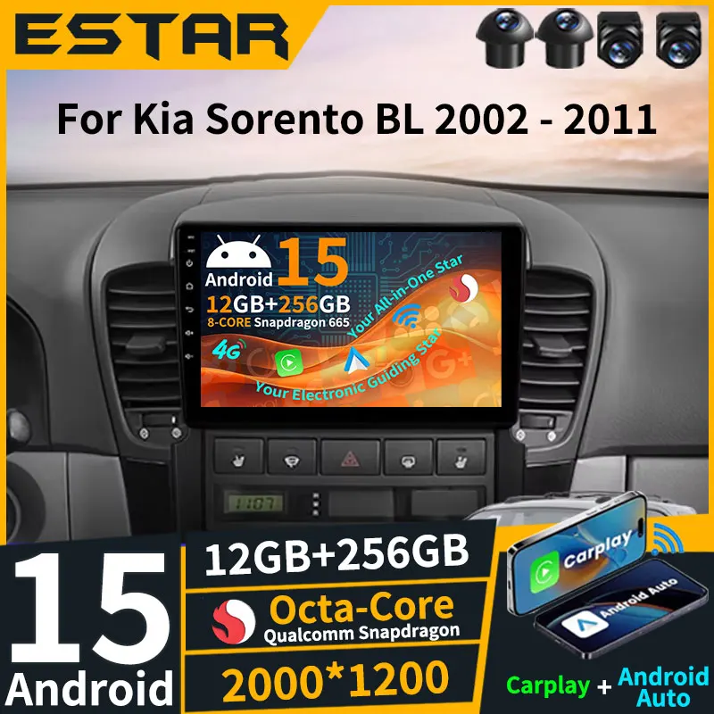 Автомобильный радиоприемник Android 15 для Kia Sorento BL 2002-2011, GPS-мультимедийный плеер, головное устройство Navi, камера 360, беспроводная камера Carplay DSP QLED BT