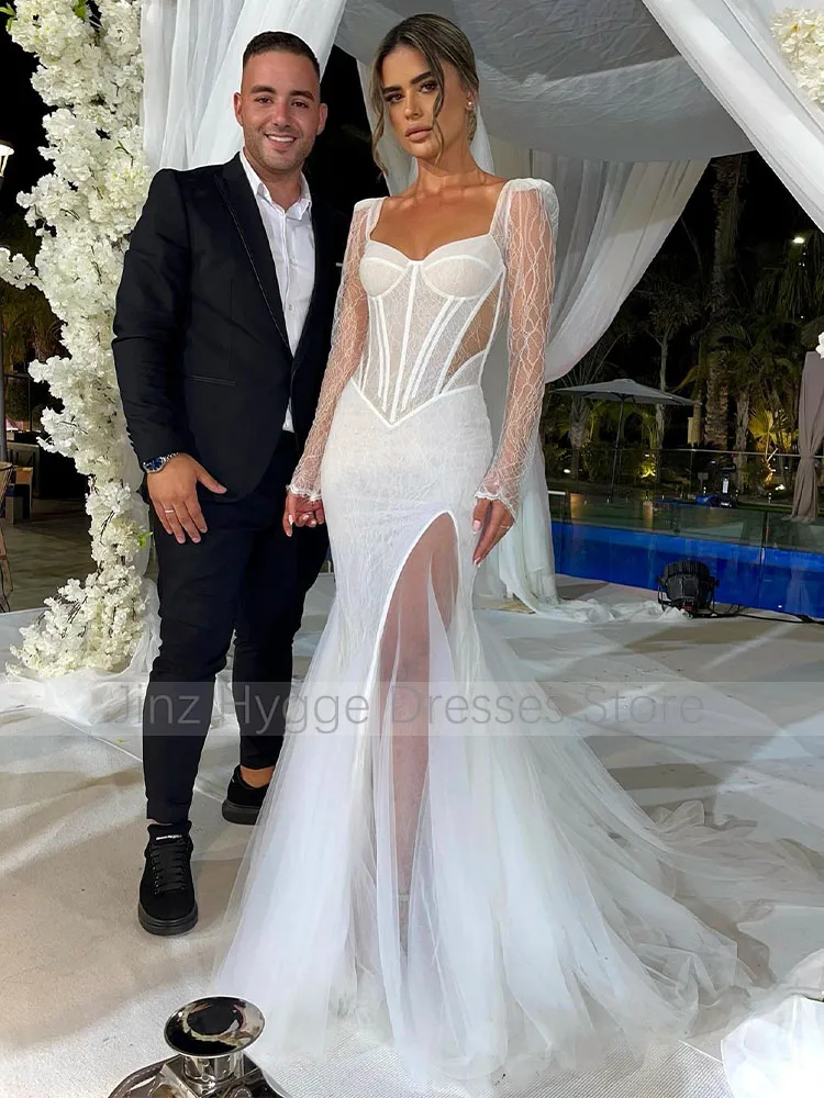 Lace Wedding Dress Long Sleeves Cut Out Mermaid Summer Wedding Gowns for Women 2023 Ivory Thigh-High Split Trumpet Brial Dresses