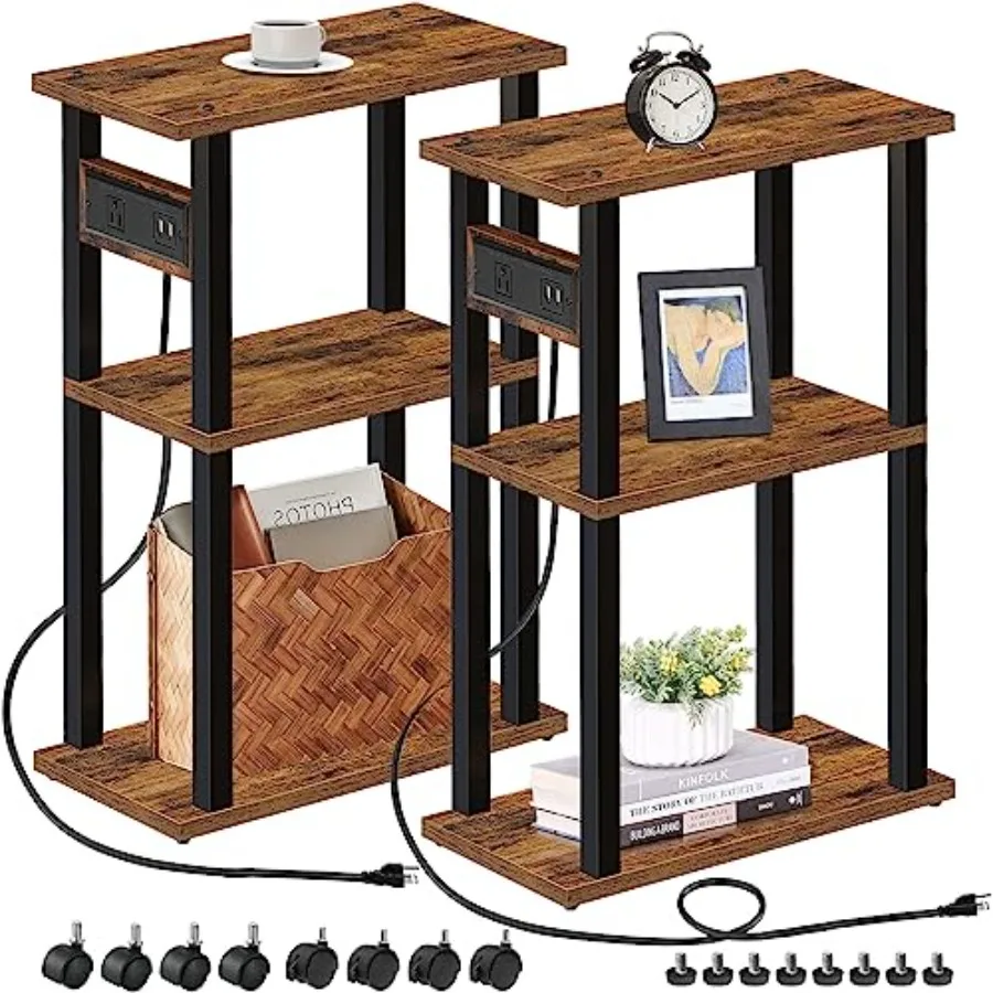 

Small Narrow Side Table with Charging Station Set of 2 Skinny End Table for Small Spaces Slim Nightstand with USB Ports and Out