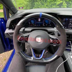 5D Glossy Black Carbon Fiber&Suede Leather Steering Wheel Hand Sewing Wrap Cover Fit For VW Passat B8 2019-2021 Golf 8 2020-2021