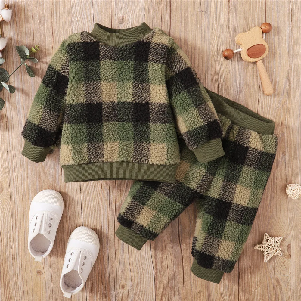 ZAFILLE 1-6Y Autumn Winter Kids Boys Clothing Flannel Thickened Baby Clothes 2Pcs Plaid Children Outfits Fashion Baby Suits Set