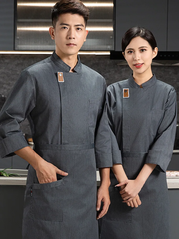 Jaqueta de chef de hotel com avental, uniforme de chef masculino de manga completa, casaco de cozinheiro de restaurante, camiseta de chef, uniforme de trabalho, roupas de garçom, logotipo