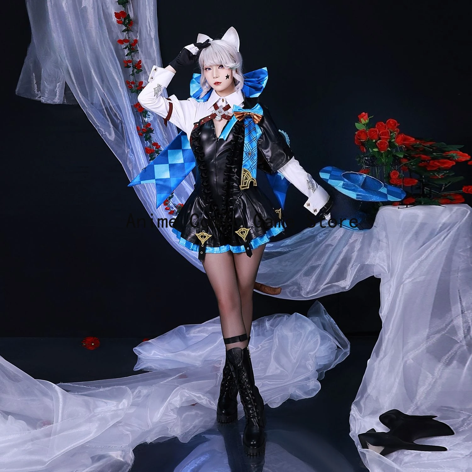 

In Stock S-2XL Lynette Cosplay Costume Wig Hat Tattoo Stickers Fontaine Magician Anime Game Halloween Party Outfits for Women