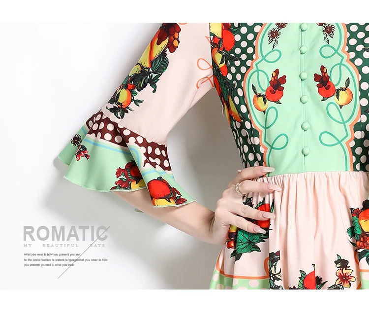 Summer Designer Runway Robe Maxi Dress Women Stand Collar Bohemian Green Fruit Print Flare Sleeve Buttons Up Long Party Vestidos