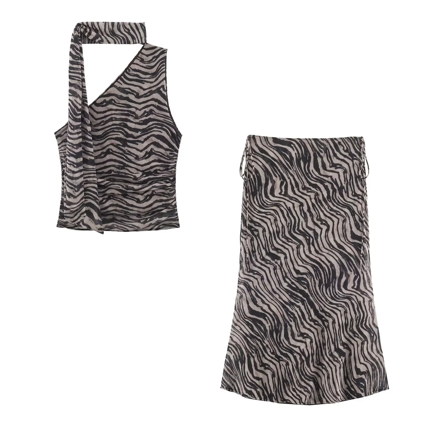 Asymmetric Neck Drawstring Halter Animal Print Top Midi Skirt Set 2026 Summer Women Sleeveless Casual Matching Set