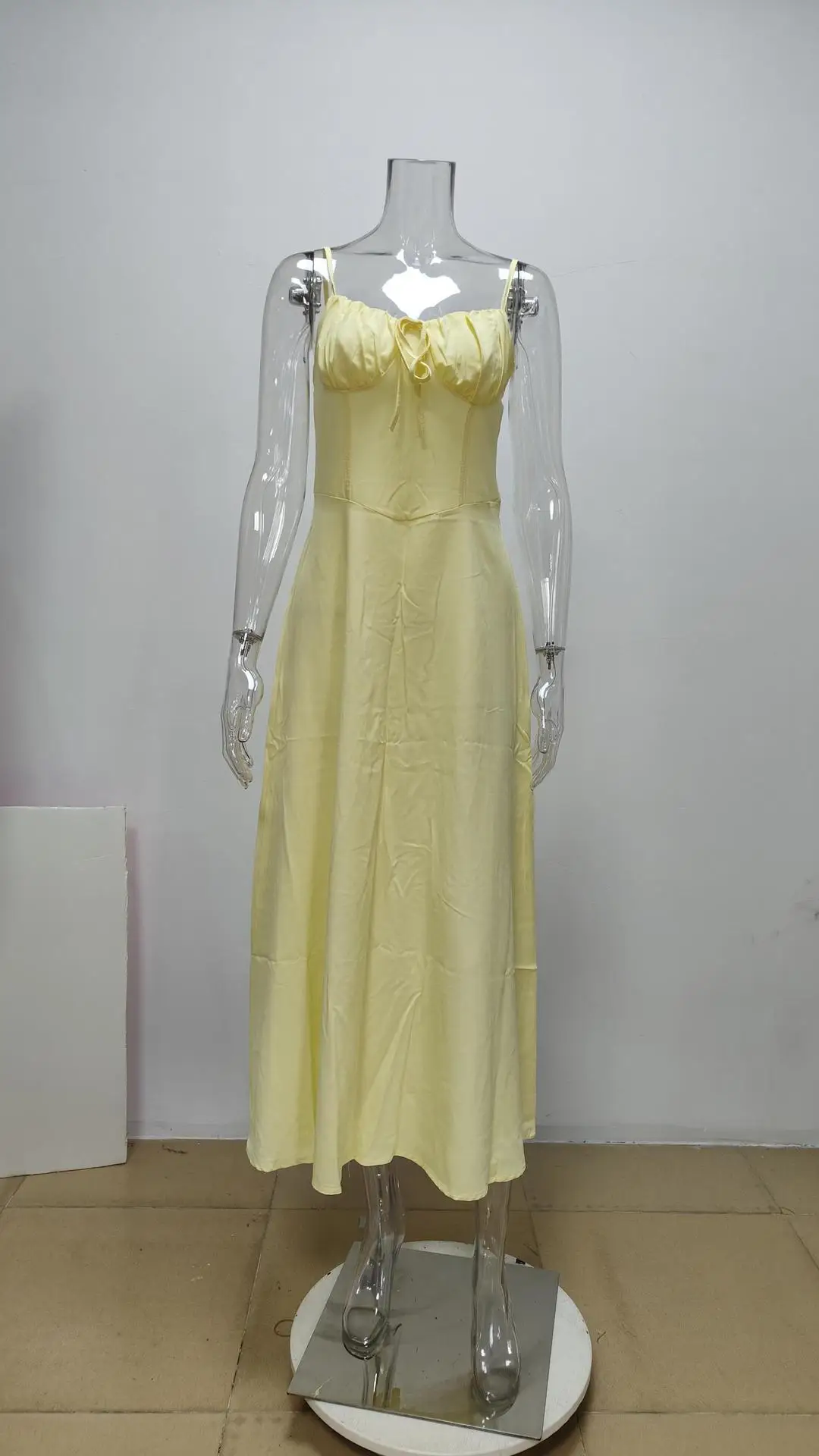 Mandylandy Abito sexy carino con camicette da donna Primavera elegante con lacci A-word Abito con bretelle in tinta unita Abito estivo slim adatto lungo