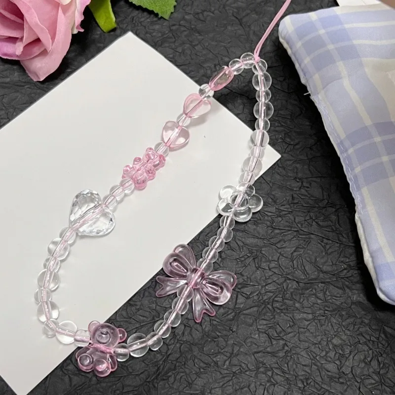 

Корейский милый розовый бант с медведем в форме сердца, цепочка для телефона из бисера, подвесной ремешок для iPhone, подвесная веревка, ювелирное украшение для девочек