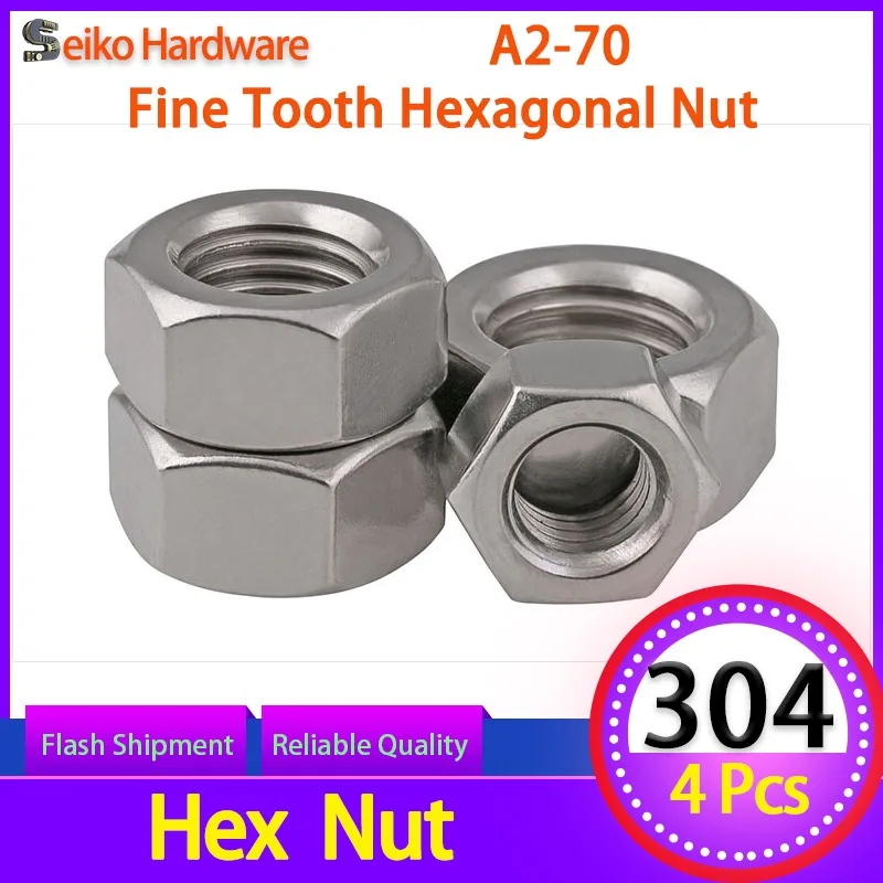 

304 Stainless Steel Hexagon Metric Fine Tthread Nut Fine Tooth Hex Nut Screws Cap 4PCS