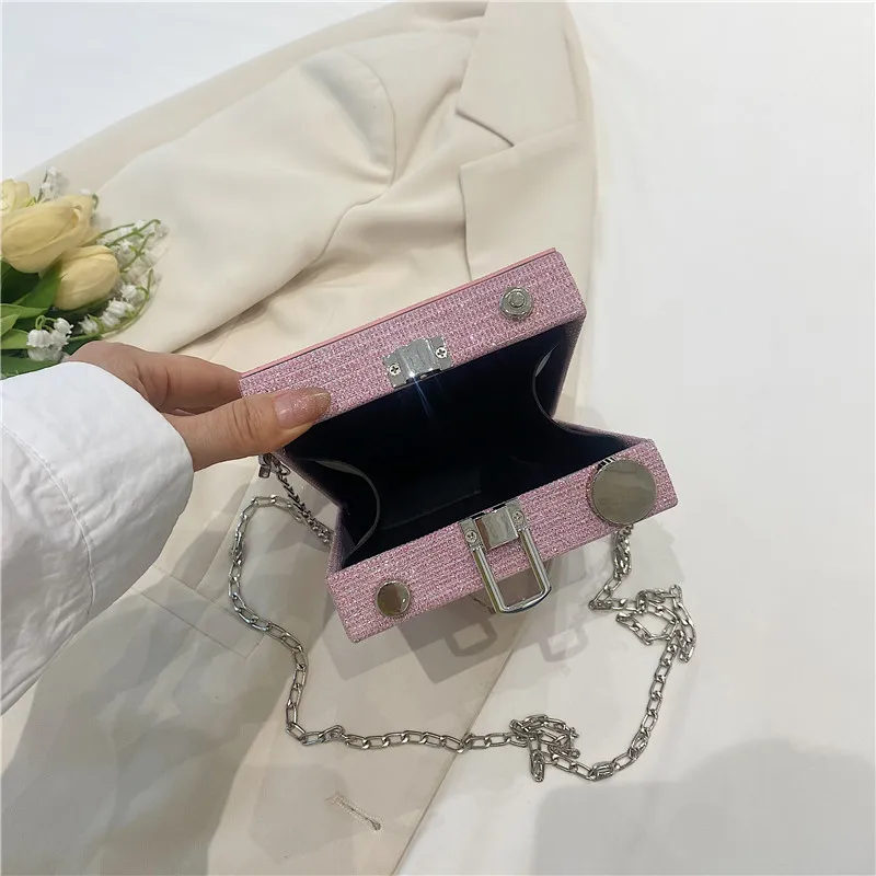 Mini Box Crossbody Bag For Lady Girls Camera Shape Design Creative Handbag Purse Luxury Silvery Shiny Metal Messenger Bag Female