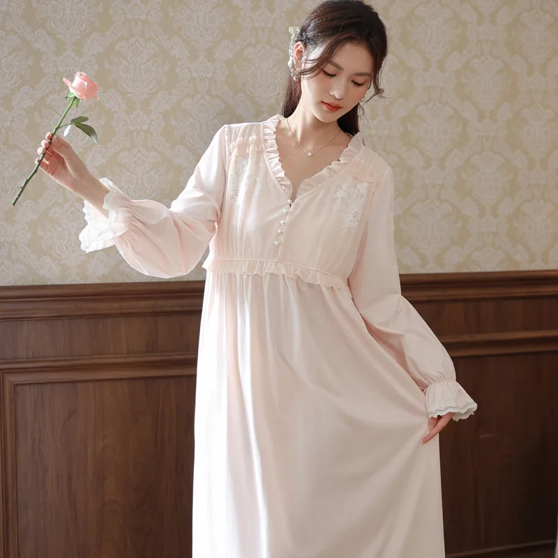 

Princess Sleepwear Nightwear Autumn Winter Loose Solid Color Nightgown Lace Night Dress Women Sweet Cotton V Neck Nightdress