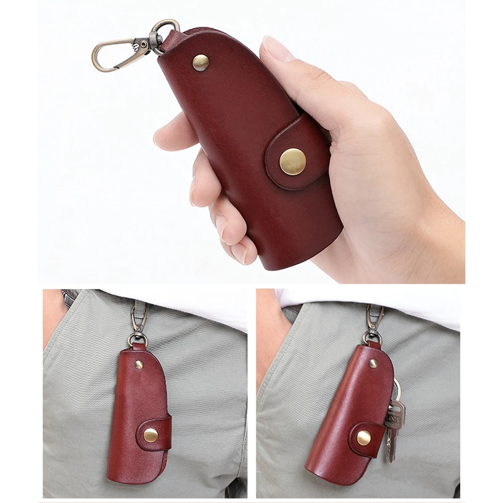 Red Soft Leather Car Key Case Holder Keychain with Snap Closure for Men Women