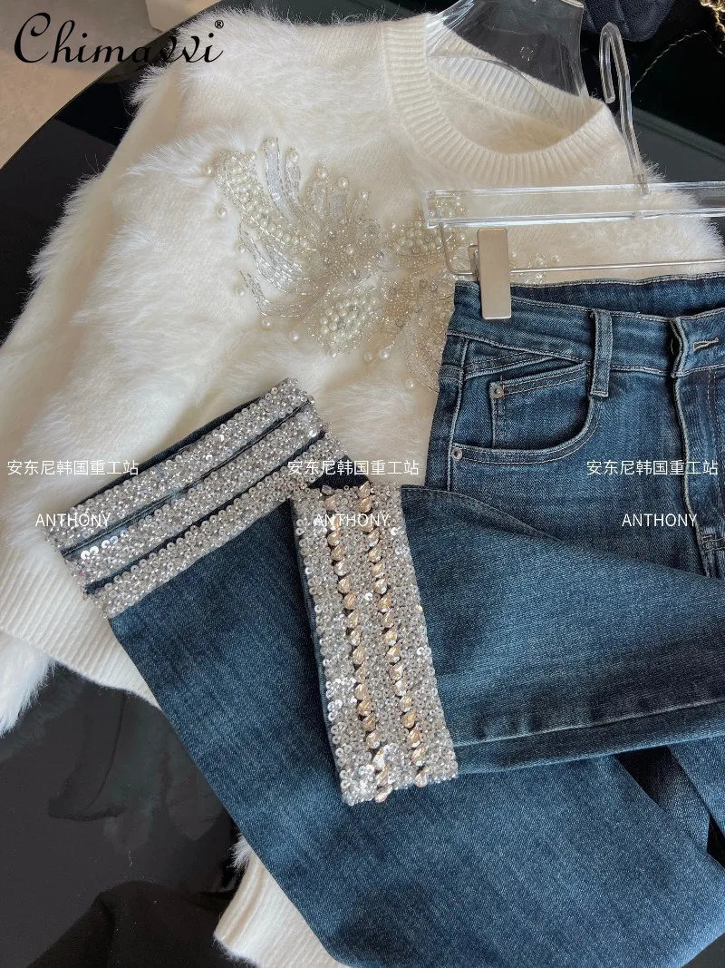 Vintage Style Elegant Cigarette Jeans Women's Fashion Autumn New Fashion High Waist Slim Heavy Rhinestone Straight Pants
