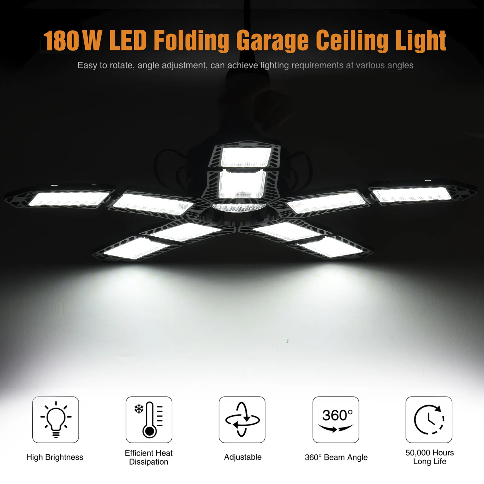 

LED Garage Lights With 10 Adjustable Panels E26/E27 Ceiling Shop Work Lamp 180W 18000 Lumen Bulb For Workshop Industrial Lightin