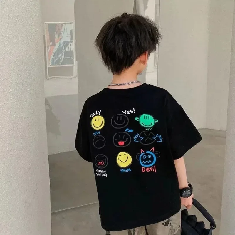 Boys Girls  Pure Cotton T-Shirt Cute Smiley Face Casual Short-Sleeved Cartoon Pattern Top Girl Kawaii Summer Children's Clothing