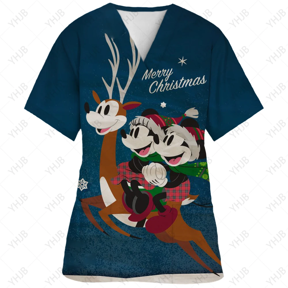 Christmas Mickey Mouse Nurse Uniform Frosted Top Women\'s Christmas Cartoon Elk Print Short Sleeve Pocket Bodysuit Uniform Medica