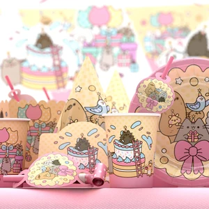 Decoración de la fiesta de cumpleaños de Pusheen Cat Lindos Suministros de fiesta de la fiesta Juegos de vajilla Popcorn Box Globos Platos de paja Decoración de paja 10 mejores ventas empuje el gato - №1