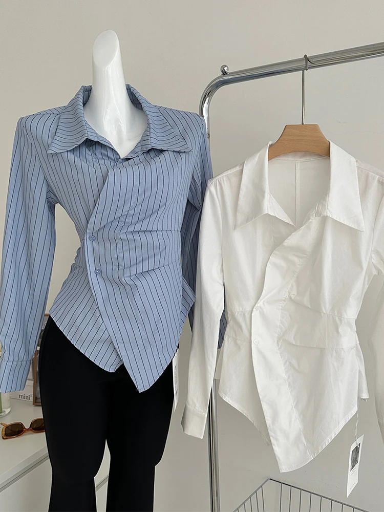 Women Stylish Korean Vintage Striped Shirts Long Sleeve Blouses Design Old Money 2000s Aesthetic Office Lady Blusas Irregular