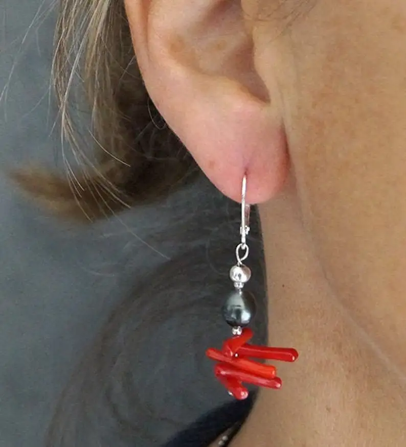 Tahit perle, coral branche, sterling silver 925 woman earrings