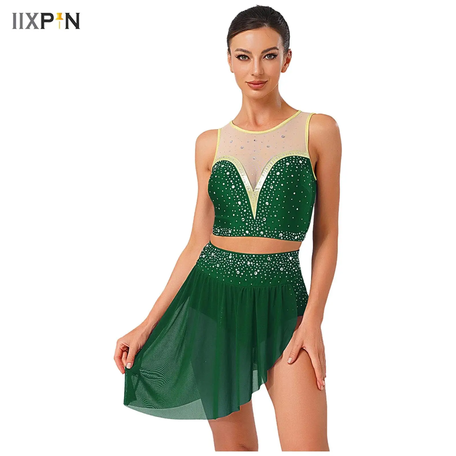 

Womens Lyrical Dance Outfits Sleeveless Back Hollow Out Crop Tops and Irregular Hem Skirt 2Pcs Set for Modern Dance Performance