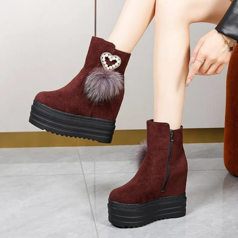 12cm High Heels Boots Suede Wedges Platforms Shoes Autumn Winter Women Ankle Boots Fashion Height Increasing Pumps Bottine Femme