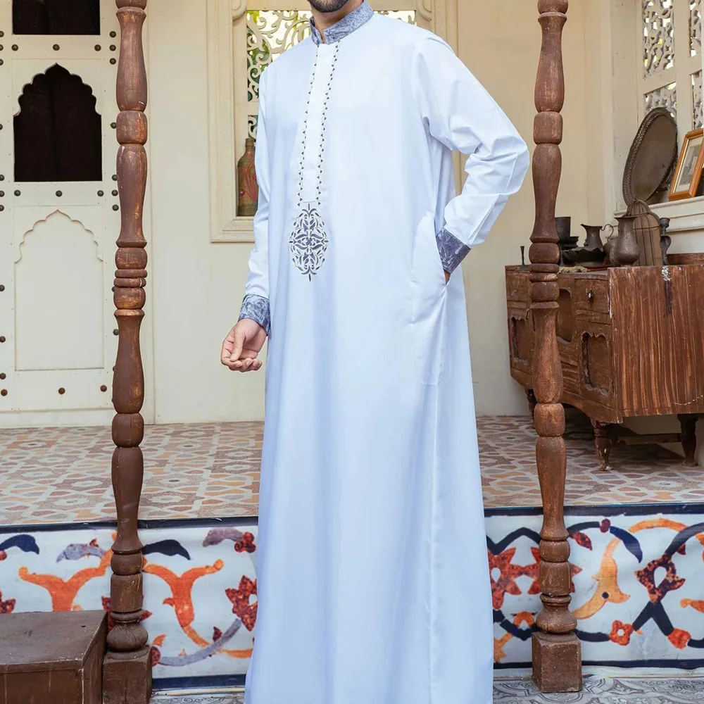 Y2K-Bata musulmana de manga larga para hombre, estilo étnico, bordado árabe, informal, para banquete y uso diario, cuatro estaciones, 2024