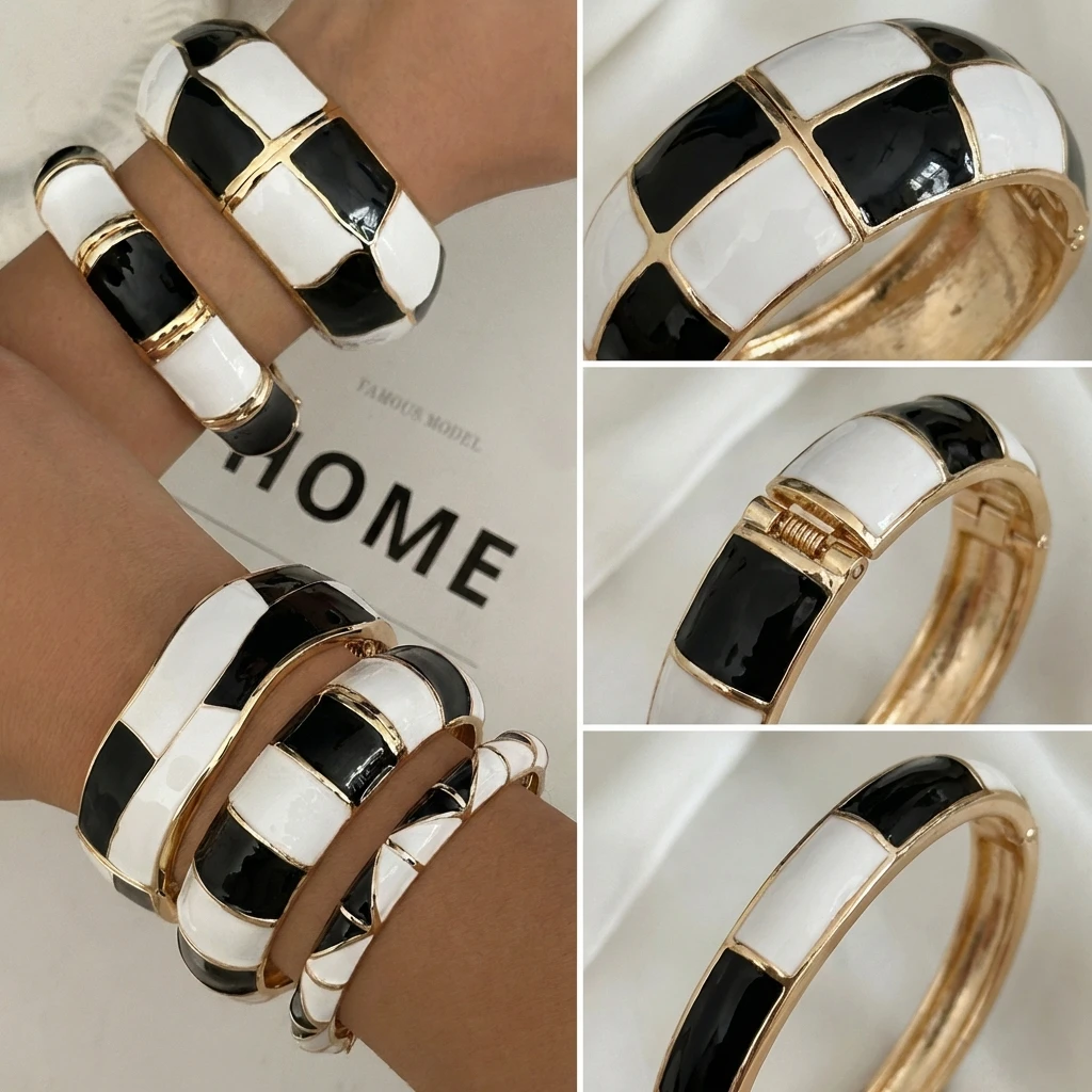 Boho Elegante Charm-Armreifen mit Emaille und Tropfenöl-Effekt für Damen, Punk Geometrische Breite Manschetten-Armbänder, Minimalistischer Schmuck – Detail 1
