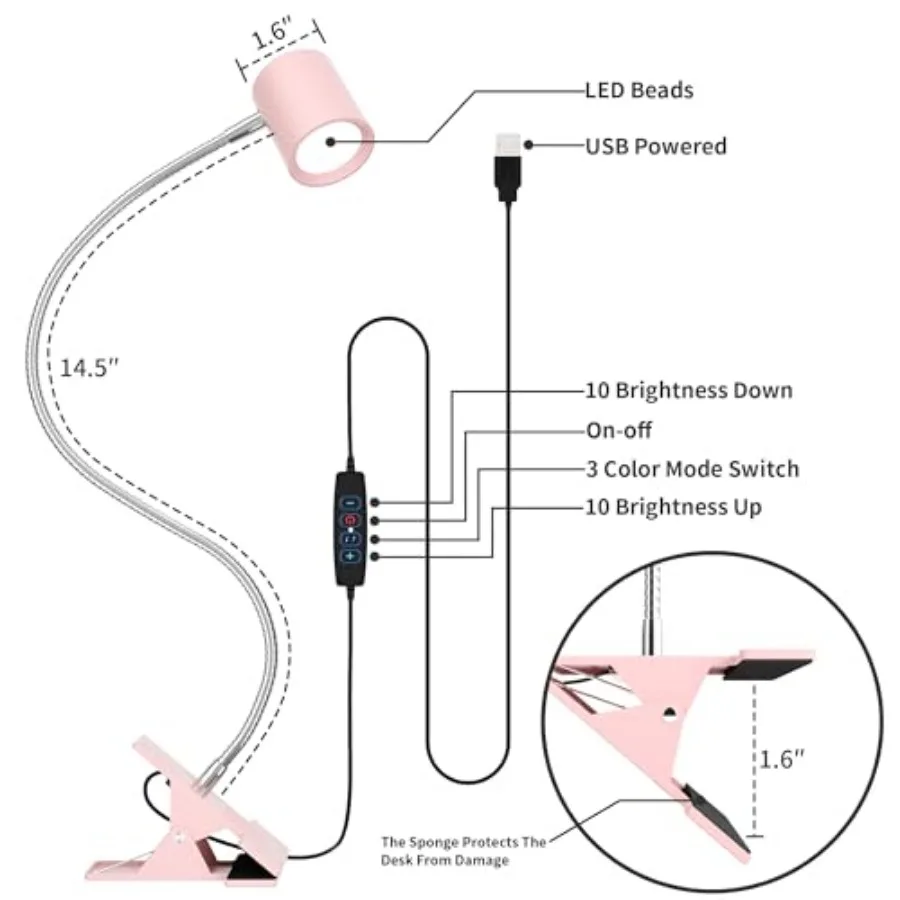 Desk Lamp, USB Clip On Light with 3 Color Modes, LED 10 Levels Brightness Reading Lamp, 360°Gooseneck Book Light, Eye-Care Read view 6