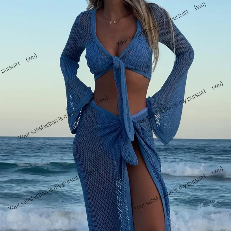 

Европейский и американский полый вязаный пляжный приморский сексуальный костюм с юбкой на бретельках для женщин