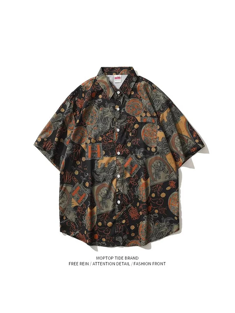 

Mr. WH Trendy Brand Ice Silk Drape Short Sleeve Men's Summer Thin Water-Based Tie Dye Casual Shirt Loose Fit Youthful Style