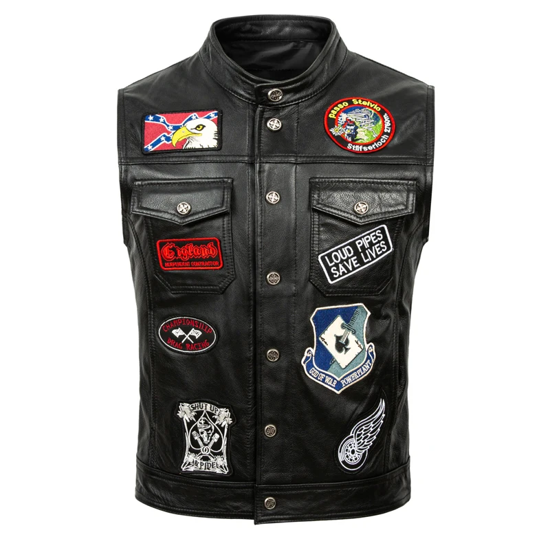 

Harley New Men's Short Biker Leather Vest Top Layer Cowhide Slim Fit Multi-Logo Trendy Youth Casual Fashion Autumn Spring