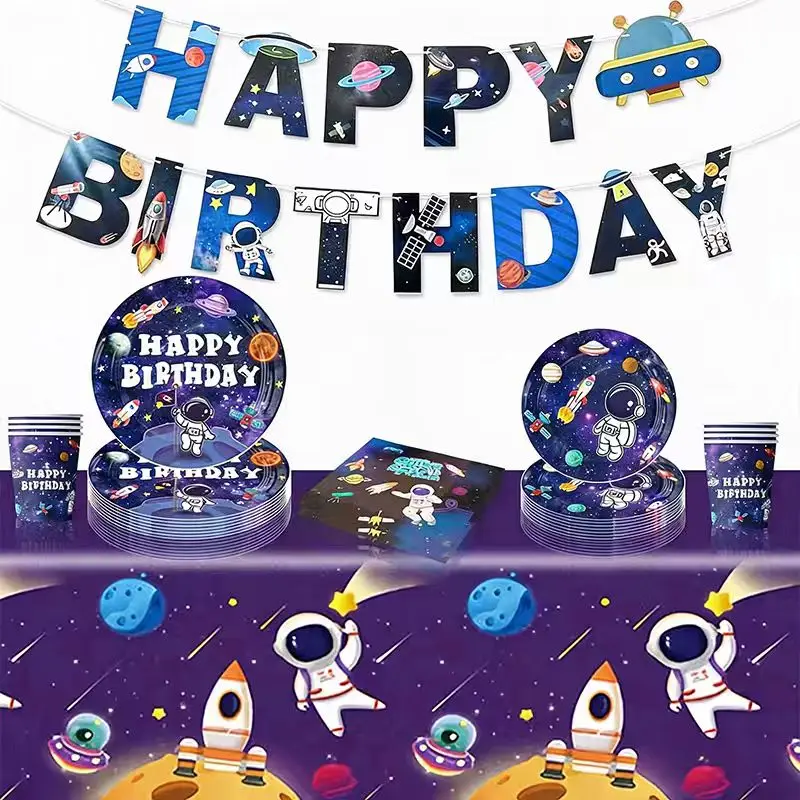 Raum Party Geschirr Weltraum Astronaut Geburtstag Dekoration Tasse Zoll Platte Tischdecke Servietten Banner Für Kinder Liefert – Detail 12