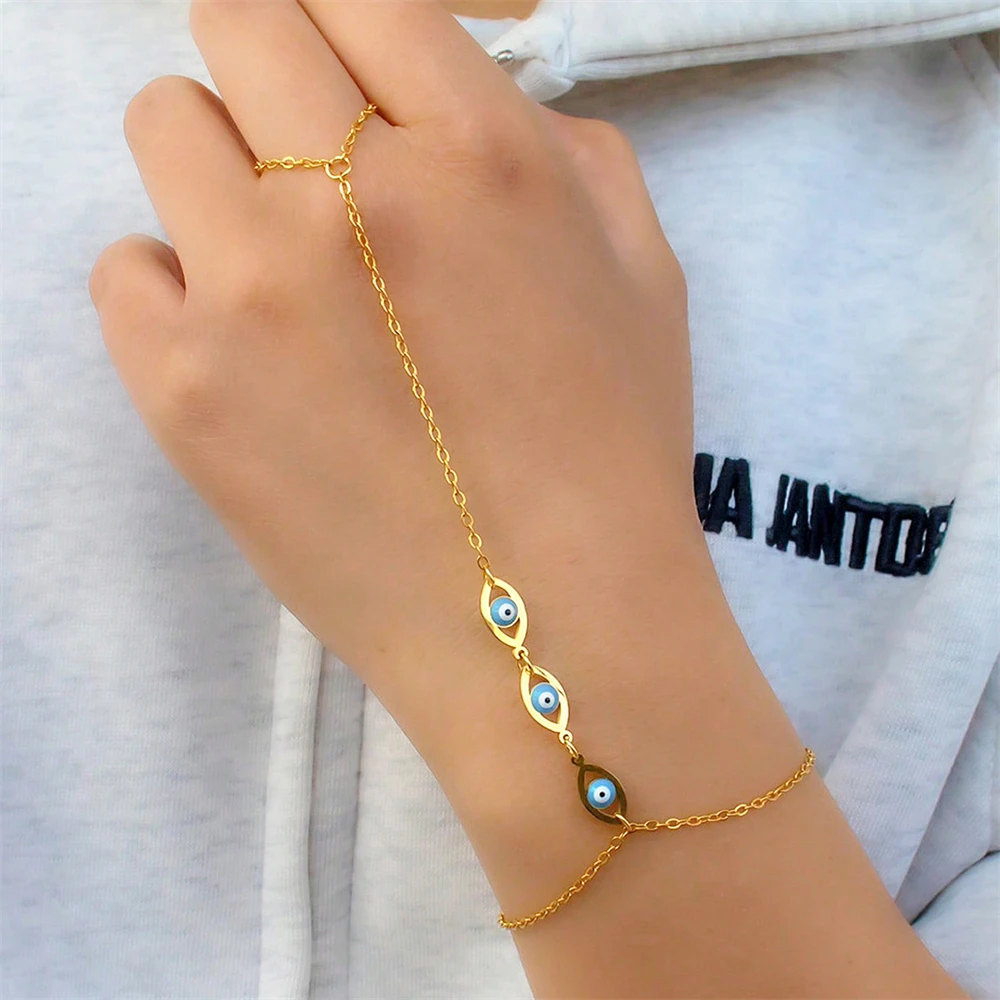 Fashion Turkish Blue Evil Eye Bracelet Ring For Women Men Luck Jewelry Stainless Steel Adjustable Finger Bracelets