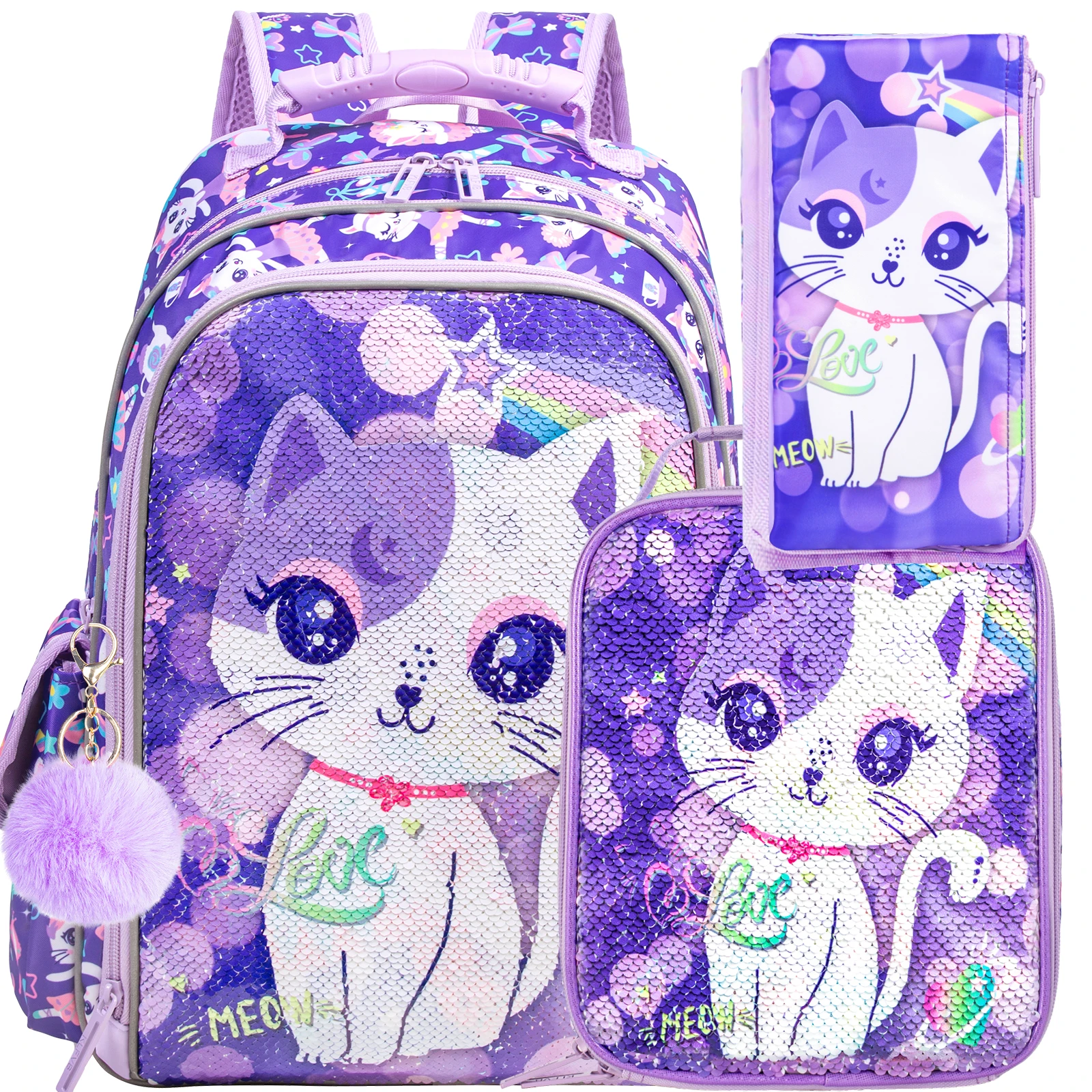 3PCS Cat Backpack for Girls, 16”Kids Sequin Bookbag with Lunch Box, Water Resistant School Bag for Elementary Preschool Toddler