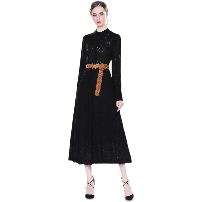 Long sleeved hollowed out heavy work embroidery dress fashion long dress HJW9556088