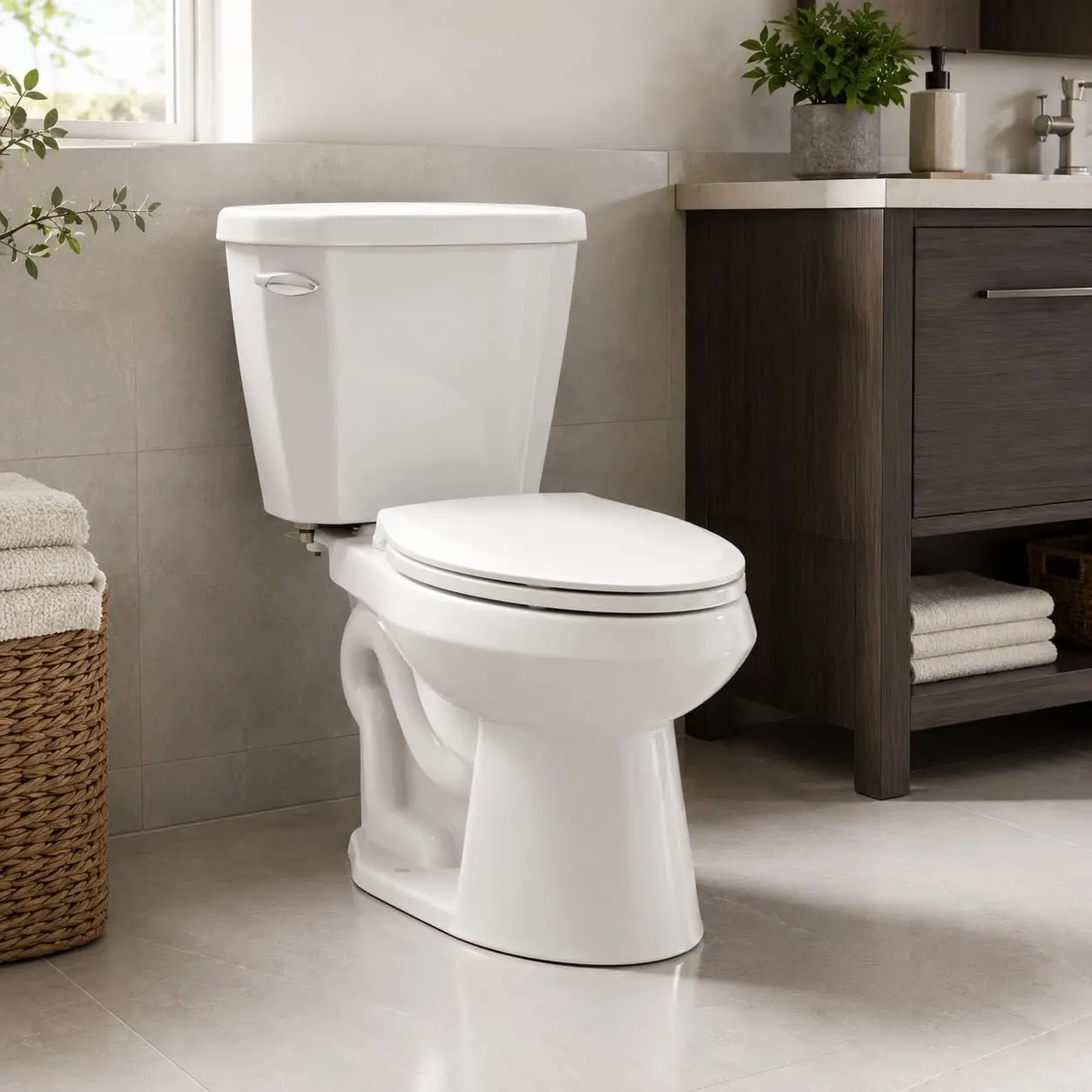 Space Saving 15 inch Comfort Height Two-Piece Toilet ADA Compliant Round Ceramic Commode - Soft Close Seat, 1.28 GPF Siphonic Jet Flush, 12 Inch Rough-In, Easy Clean, White Bathroom Fixture