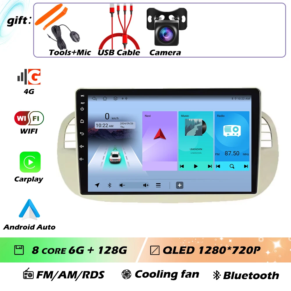 9 ''Android 16 Autoradio Stereo voor Fiat 500 2007-2015 met GPS Navigatie Stuurbediening Multimedia Carplay auto WIFI
