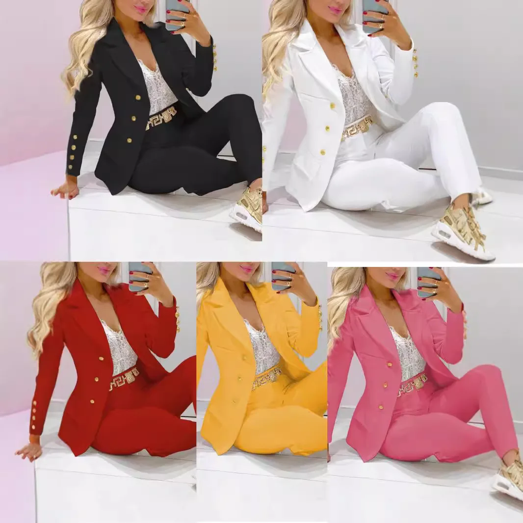 

Elegant Office Ladies Two Piece Sets Womens Outifits 2026 Double Breasted Long Sleeve Blazers Loose Casual Pant Suits