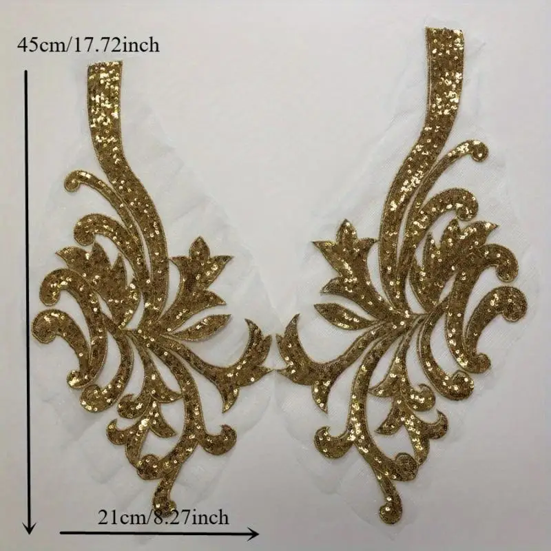1Pair Gold and Silver Sequins Embroidered Flowers Cloth Stickers Dance Dress Decorations DIY Glue Free Patches