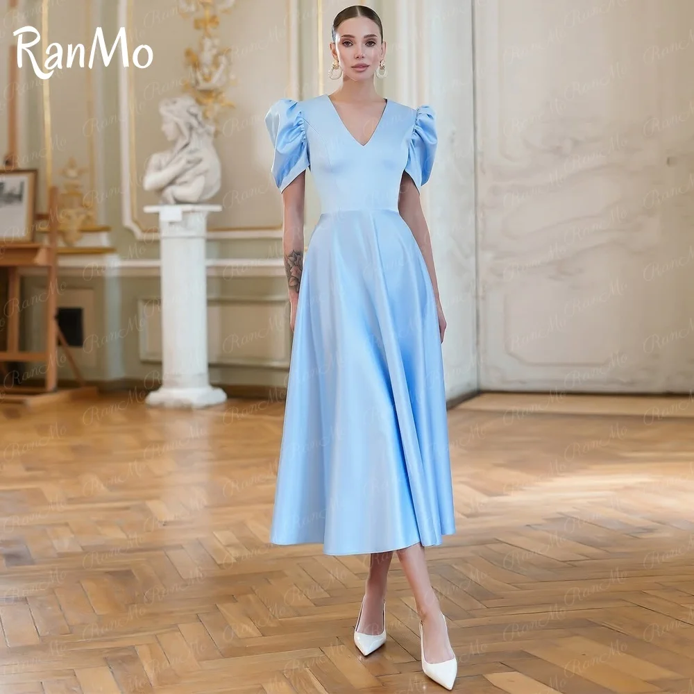 

Ranmo2025 Elegant Short Sleeve V-neck Prom Dress A Line Evening Dress Satin Tea-Length Pleat Prom Gown Customsied Birthday Dress
